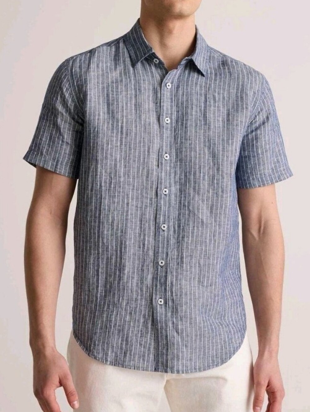 Quince European Linen Relaxed Short Sleeve Shirt M Blue Pinstripe
